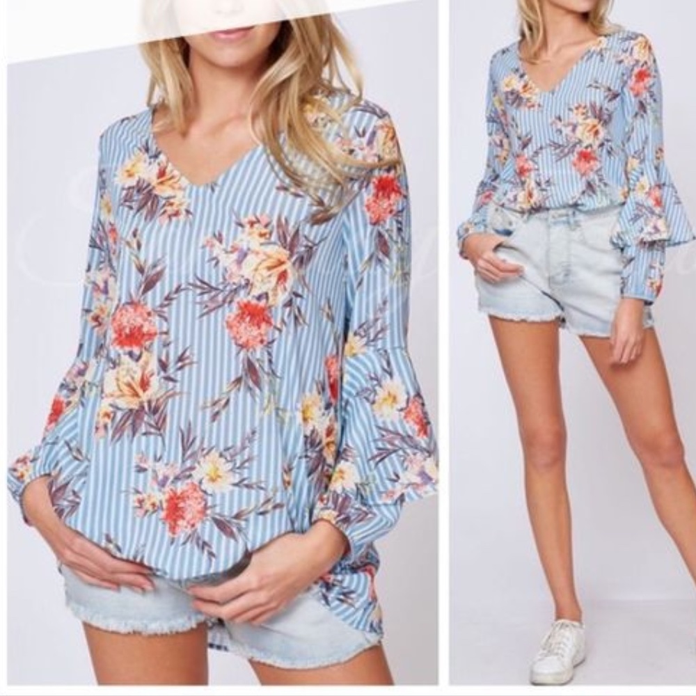 Peach Love California Boho Bell Sleeve Floral Top Blue Stripe Blouse Shirt